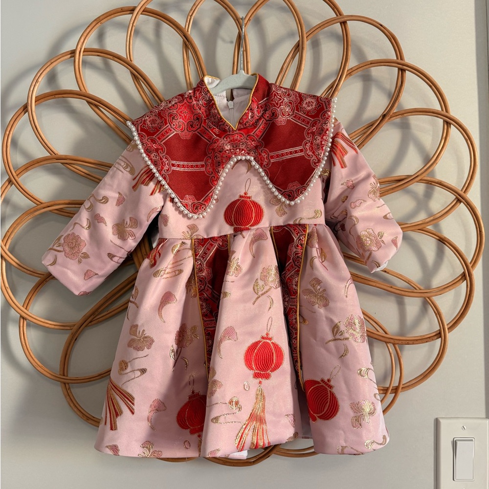 Chinese New Year/ Elegant Pink and Red Dress with Lantern Design